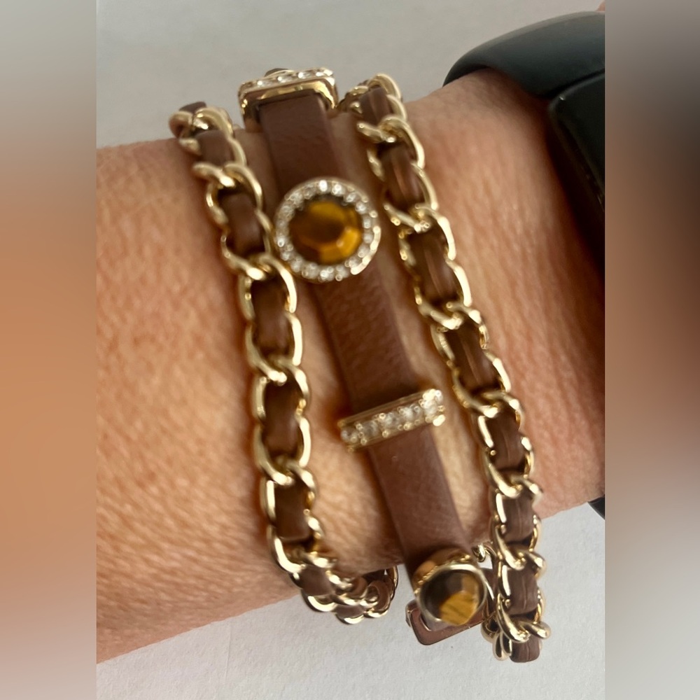 White House Black Market brown leather and Gold tone Chain Bracelet